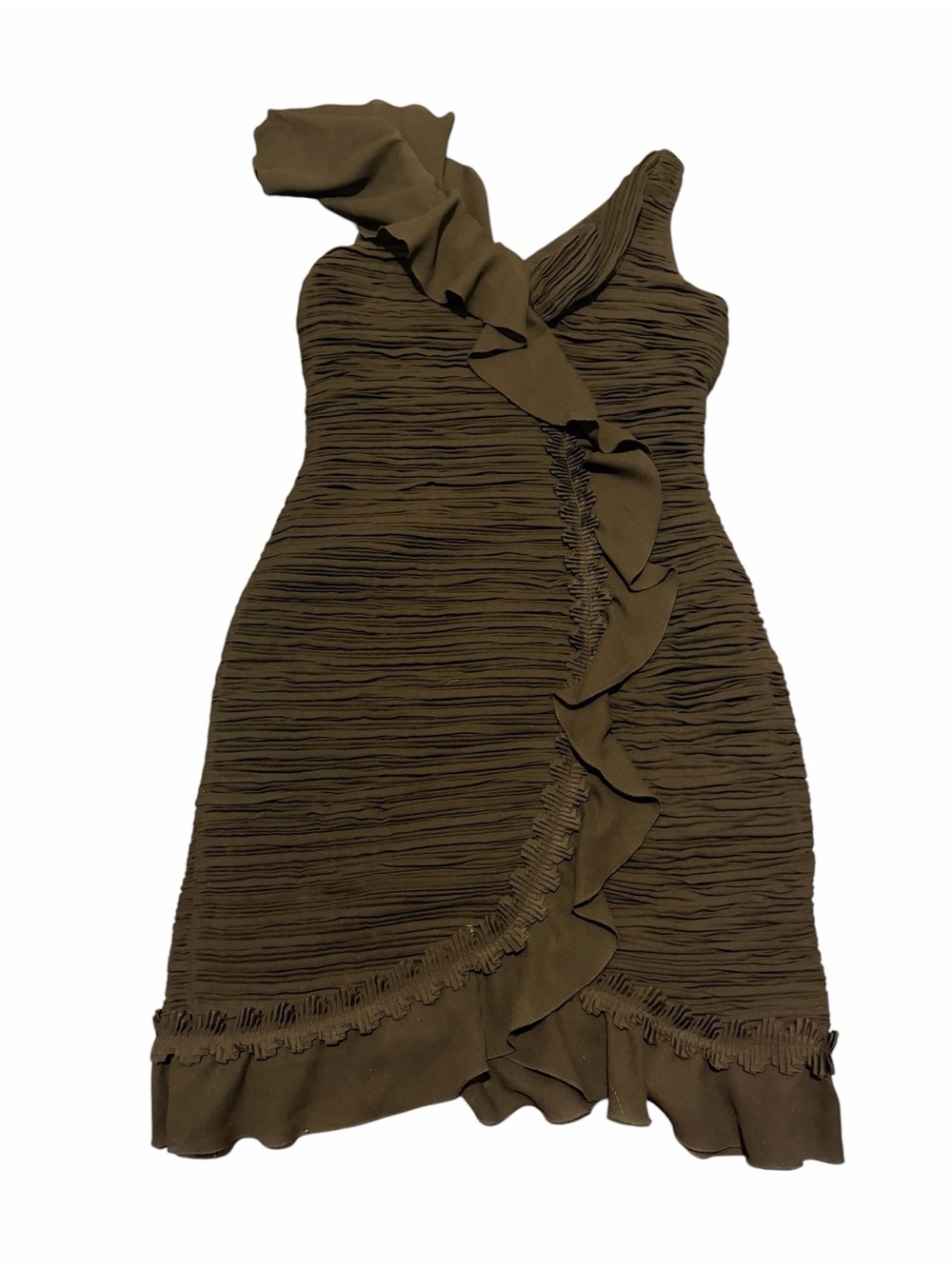Anna Molinari One-Shoulder Ruffle Dress in Olive, SZ42, pre-owned, gently used.